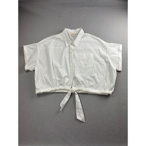 Elan Womens XL White Cotton Tie Front Short Sleeve Crop Shirt Button Down NWOT